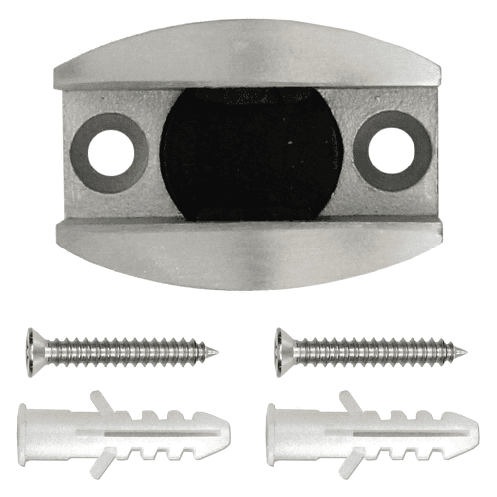 Stainless steel floor guide for glass barn doors with notched surface to eliminate unnecessary movement.