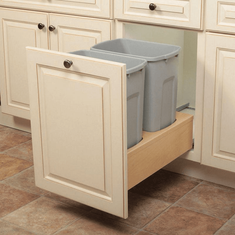 Double 35 QT Bottom-Mount Waste Container Pullout with Soft-Closing for 14-3/4" Width Cabinet Opening, Platinum - Alt Image 1