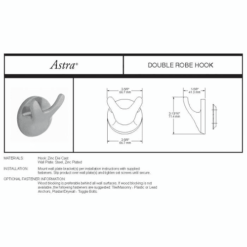 Polished Chrome Double Robe Hook with Zinc Die-Cast Hook and Steel Wall Plate by Liberty Hardware (Avante)