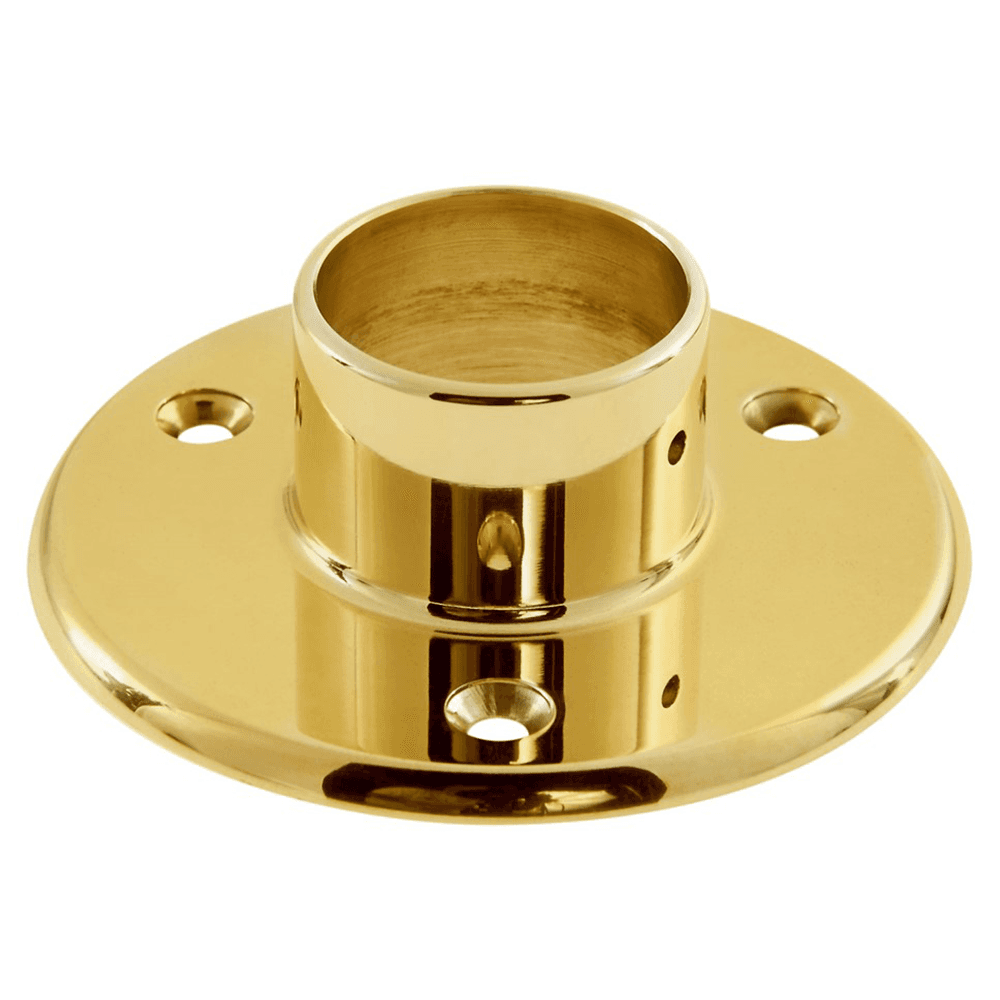 Polished brass floor flange for 1-1/2" diameter rail systems and hospitality fixtures