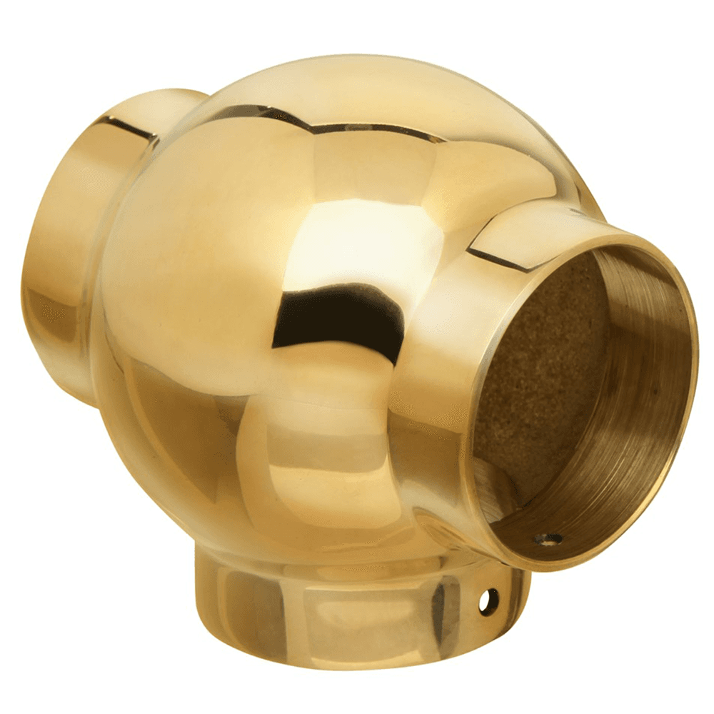 Polished brass ball tee fitting for 1-1/2" diameter rail systems and hospitality fixtures