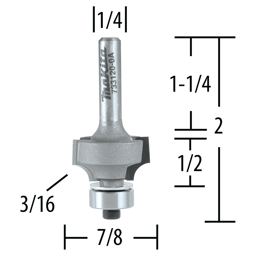 2" x 3/16" Radius Corner Rounding Bit, 2-Flute, 1/4" Shank Alt 1 - Image