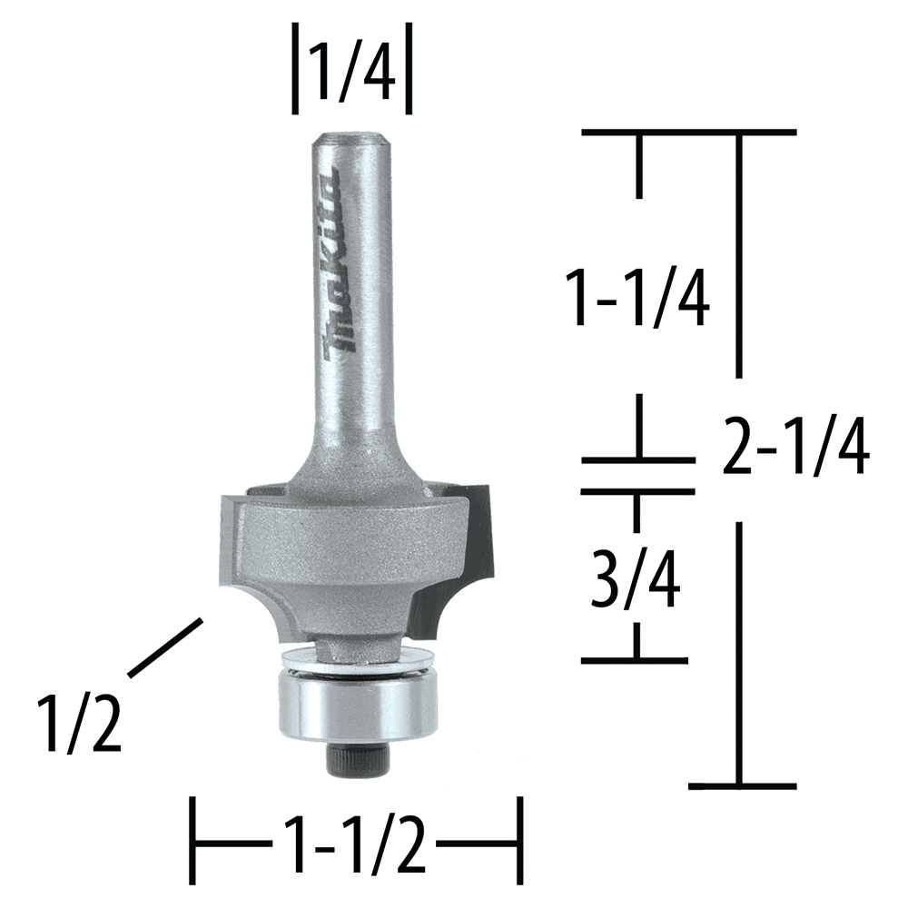 2-1/4" x 1/2" Radius Corner Rounding Bit, 2-Flute, 1/4" Shank Alt 1 - Image