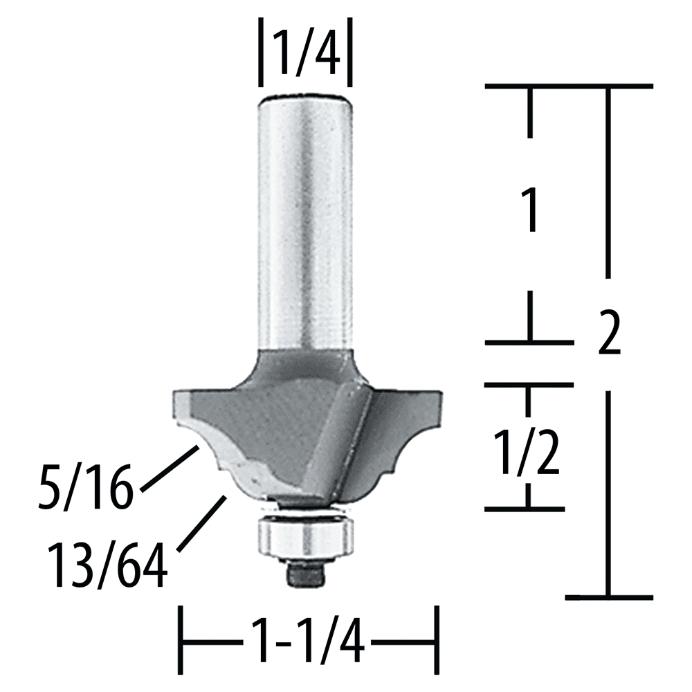 1-1/4" x 5/16" Radius Classical Bead/Cove Router Bit, 2 Flute, 1/4" Shank Alt 1 - Image