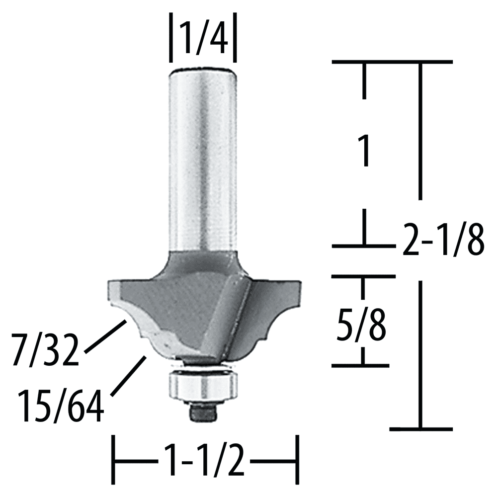 1-1/2" x 15/64" Radius Classical Bead/Cove Router Bit, 2 Flute, 1/4" Shank Alt 1 - Image