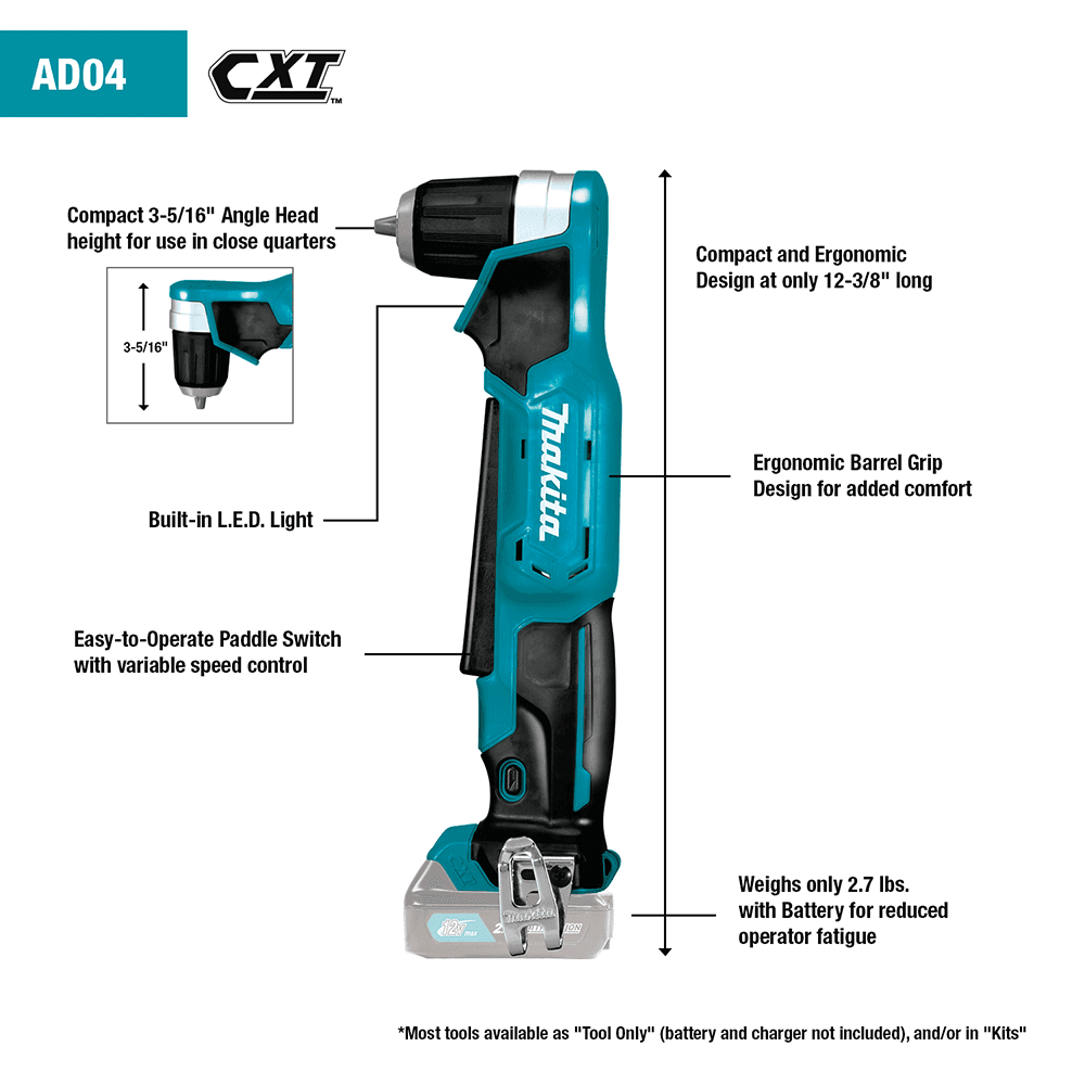 12 V max CXT Lithium-Ion Cordless 3/8" Right Angle Drill Kit, 3-5/16" Angle Head Height (2.0 Ah) Alt 4 - Image