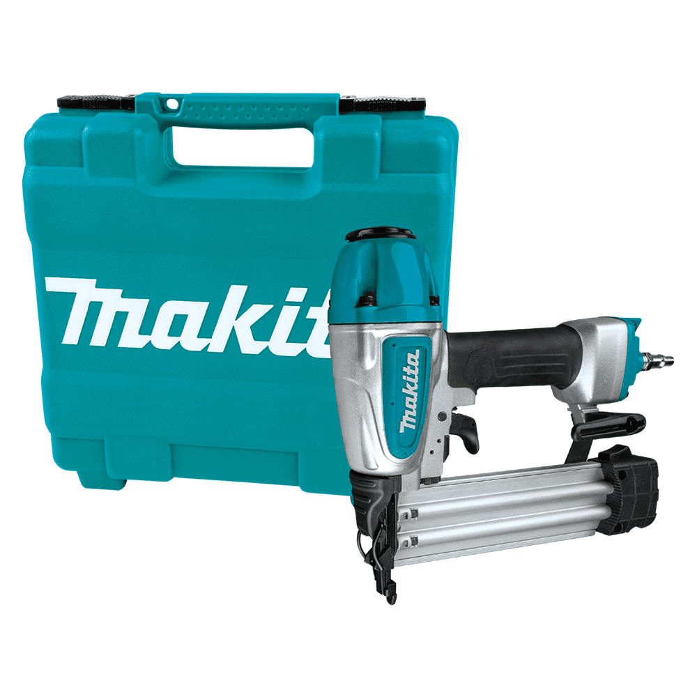 Makita AF506 2" x 18 Gauge Pneumatic Brad Nailer angled view with air fitting and safety glasses