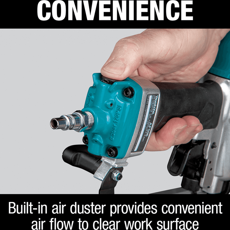 Makita AF506 2" x 18 Gauge Pneumatic Brad Nailer side view with tool case and pneumatic nailer oil