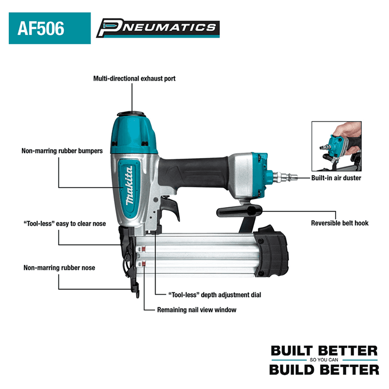 Makita AF506 2" x 18 Gauge Pneumatic Brad Nailer top view with side loading magazine holding up to 100 nails