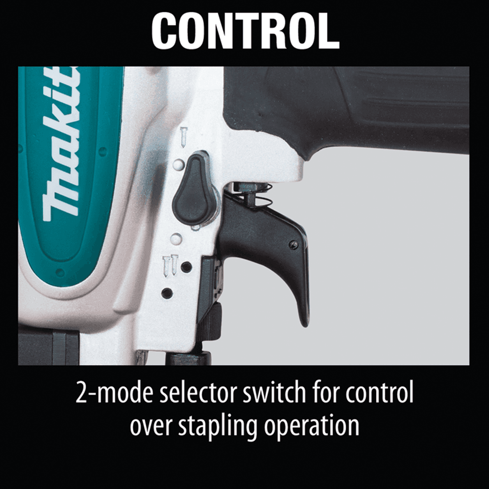 Makita stapler in tool case with safety glasses and air fitting