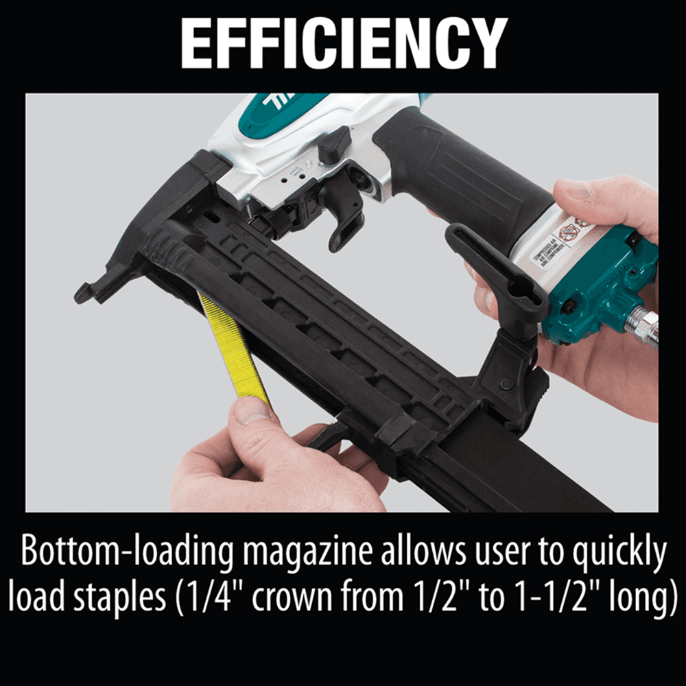 Makita stapler with bottom-loading magazine and staple reload indicator window