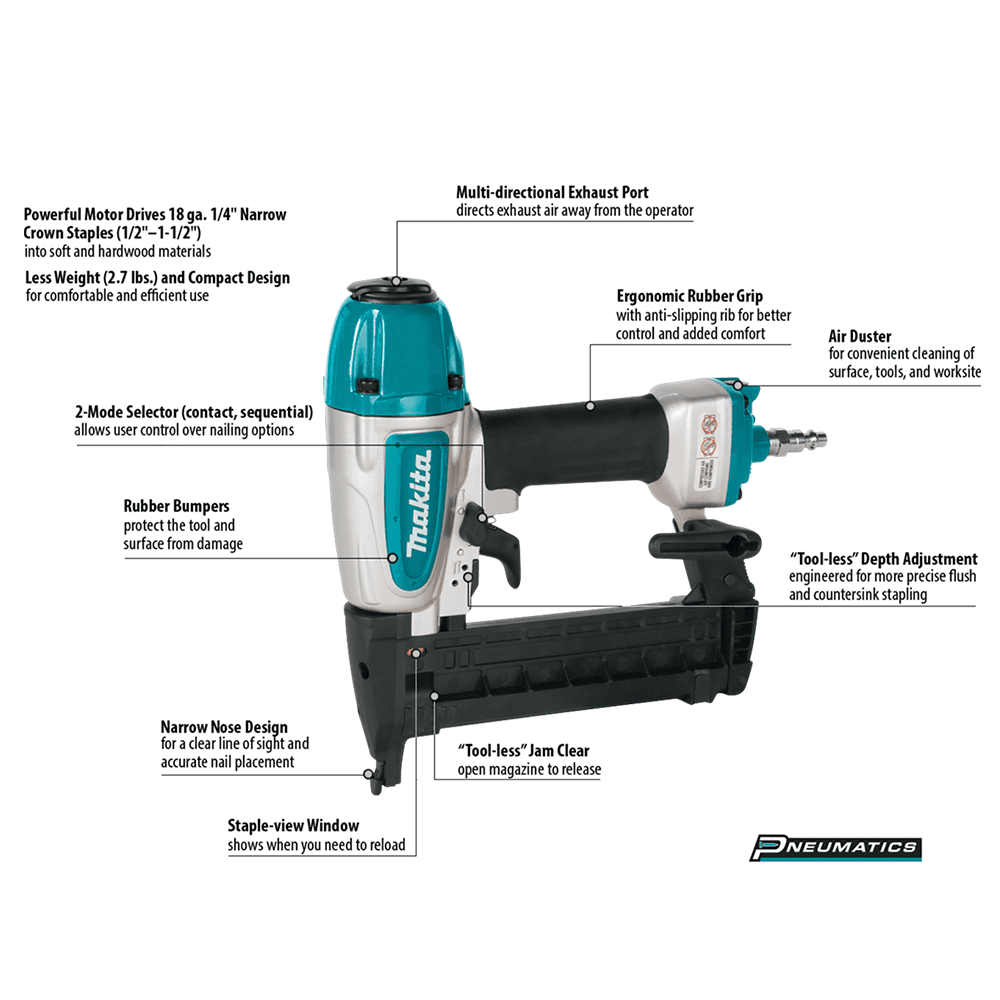 Makita stapler with reversible belt hook and multi-directional exhaust port