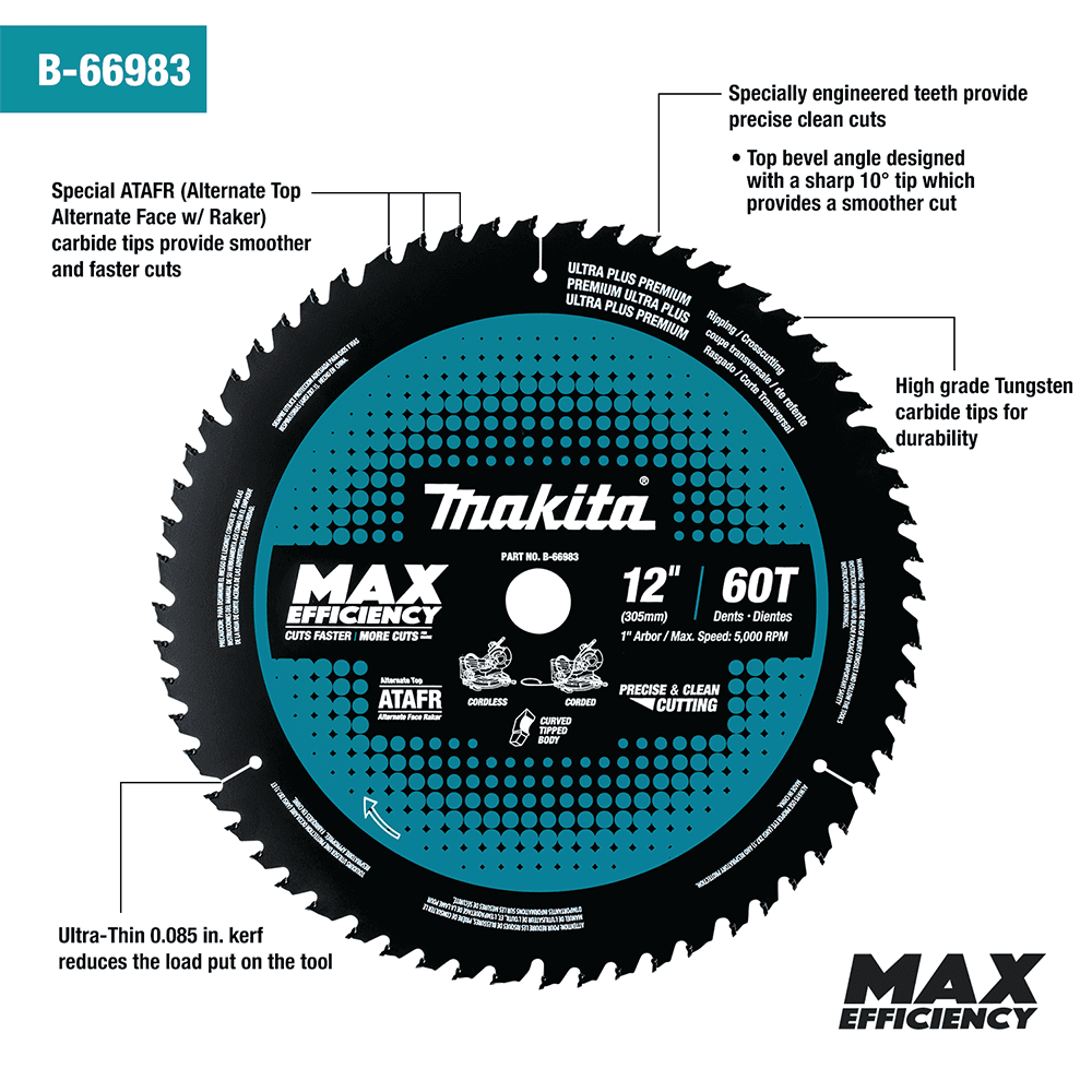 12" x 60 Teeth Carbide-Tipped Max Efficiency Miter Saw Blade Alt 2 - Image