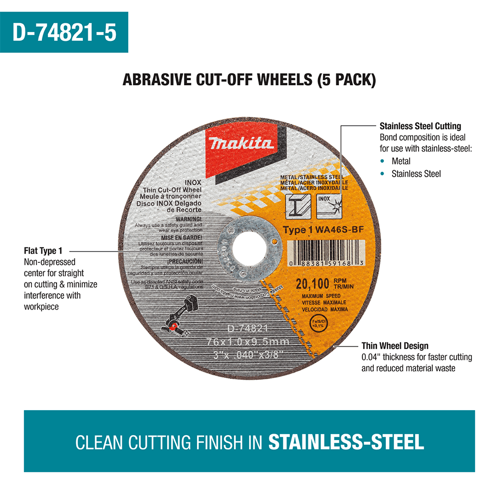3" Type 1 General Purpose 46 Grit Thin Cut-Off Wheel for Metal/Stainless Steel Cutting (5/Pack) Alt 2 - Image