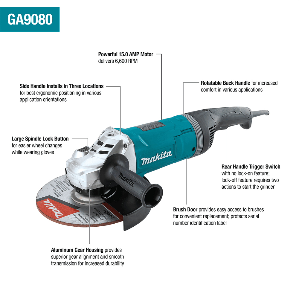 9" Angle Grinder with Rotatable Handle/Lock-On Switch Alt 6 - Image