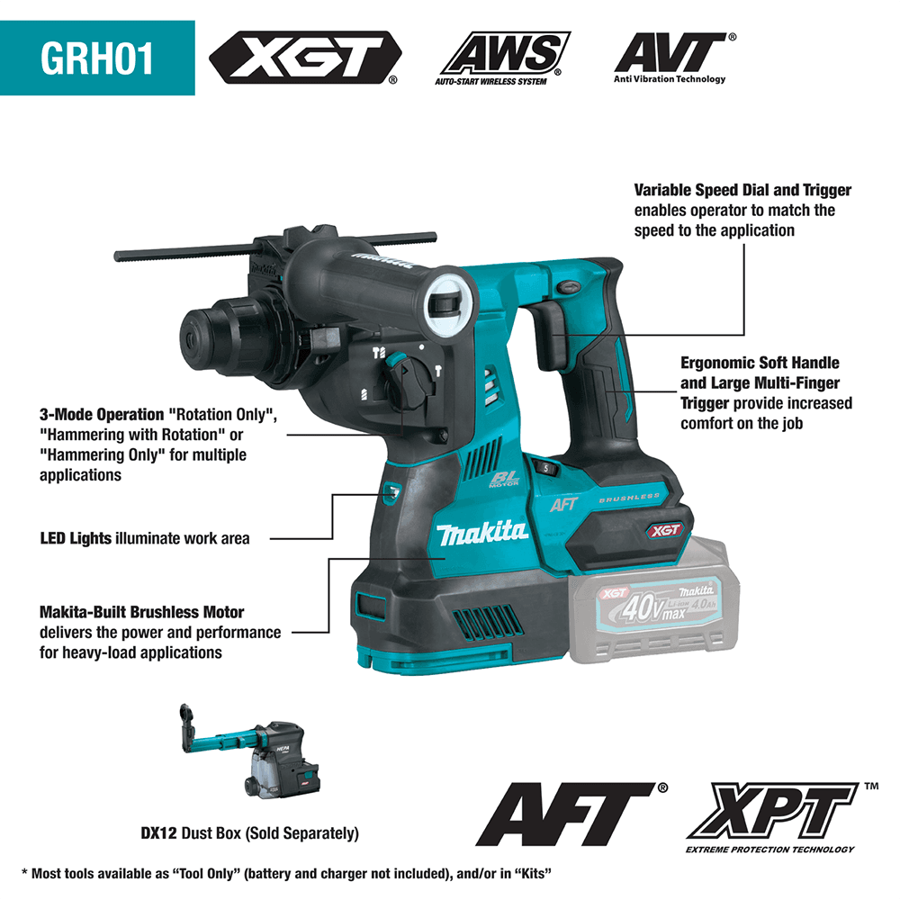 40 V Max XGT Brushless Cordless 1-1/8" SDS-PLUS AVT Rotary Hammer Kit with AFT/AWS Capable (4.0Ah) Alt 5 - Image