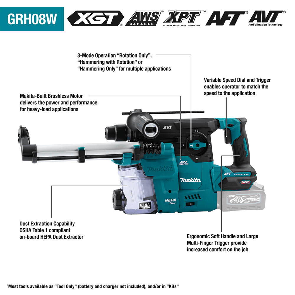 40 V Max XGT Brushless Cordless 1-3/16" SDS-PLUS AVT Rotary Hammer Tool Only with Dust Extractor/AFT/AWS Capable Alt 1 - Image