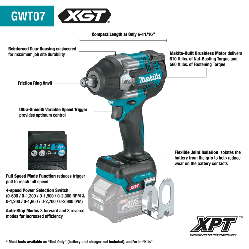 40V max XGT Brushless Cordless 4-Speed Mid-Torque 1/2" Square Drive Impact Wrench Kit with Friction Ring Anvil (2.5 Ah) Alt 6 - Image