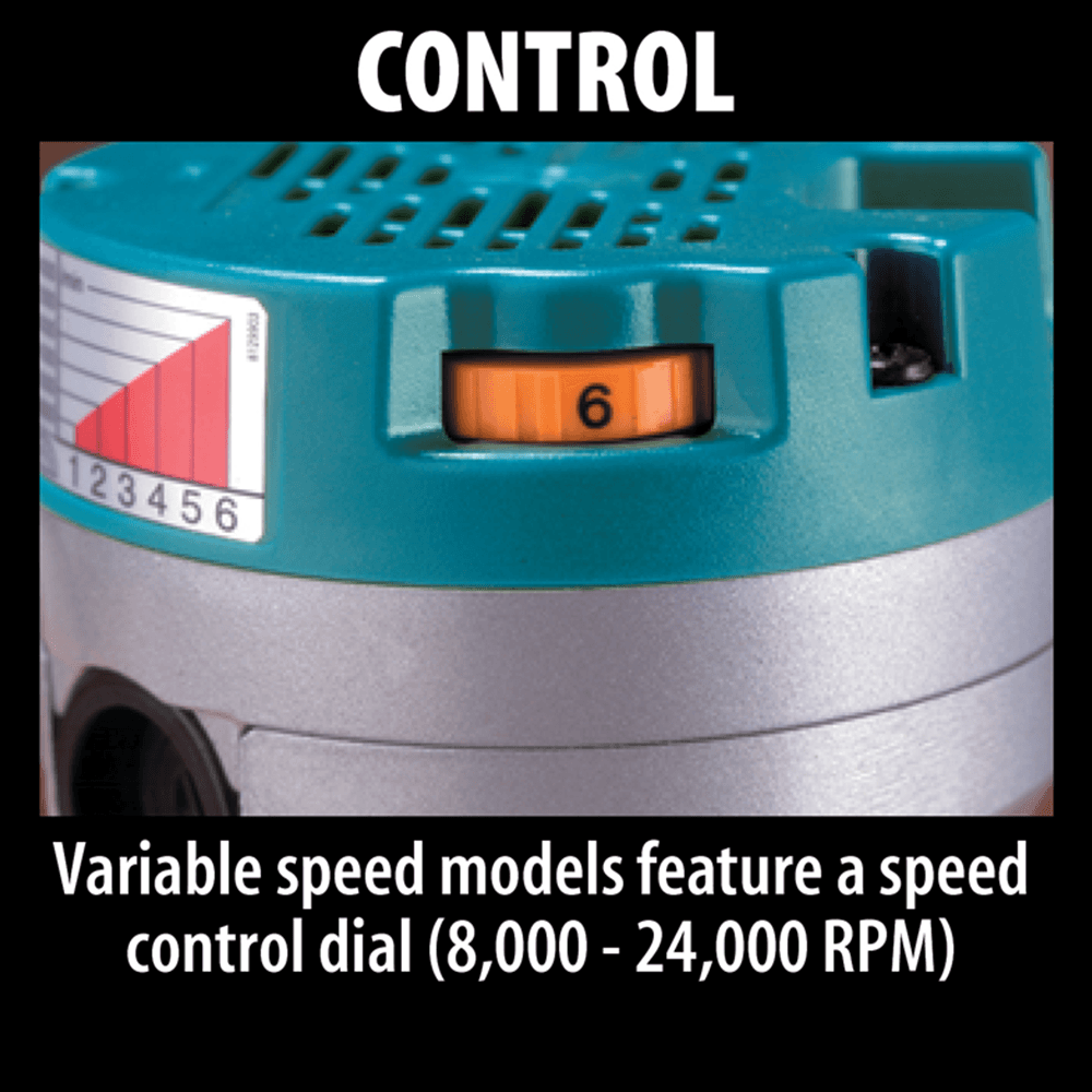 Makita 2-1/4 HP D-handle router with soft start for smoother start-ups and variable speed control dial.