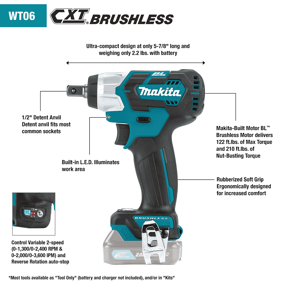 12 V max CXT Lithium-Ion Brushless Cordless 1/2" Square Drive Impact Wrench Tool Only Alt 7 - Image
