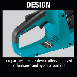 Makita 18V X2 LXT brushless chain saw with 14" guide bar and 4 lithium-ion batteries.