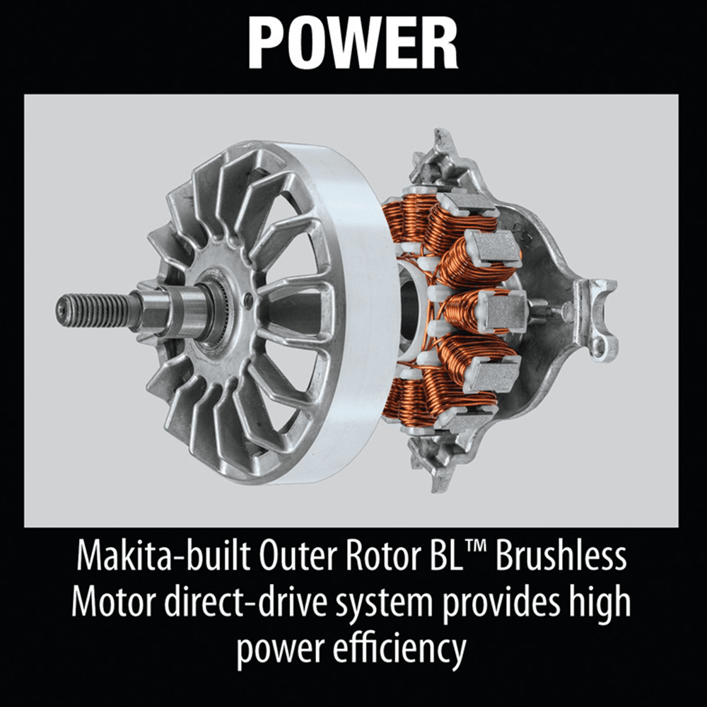 Zero emissions and lower noise Makita chain saw with variable speed trigger and tool-less chain adjustment.