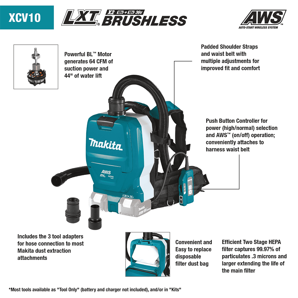 36V LXT Brushless 1/2 Gallon HEPA Filter Backpack Dry Dust Extractor Kit with AWS Capable (5.0Ah) Alt 4 - Image