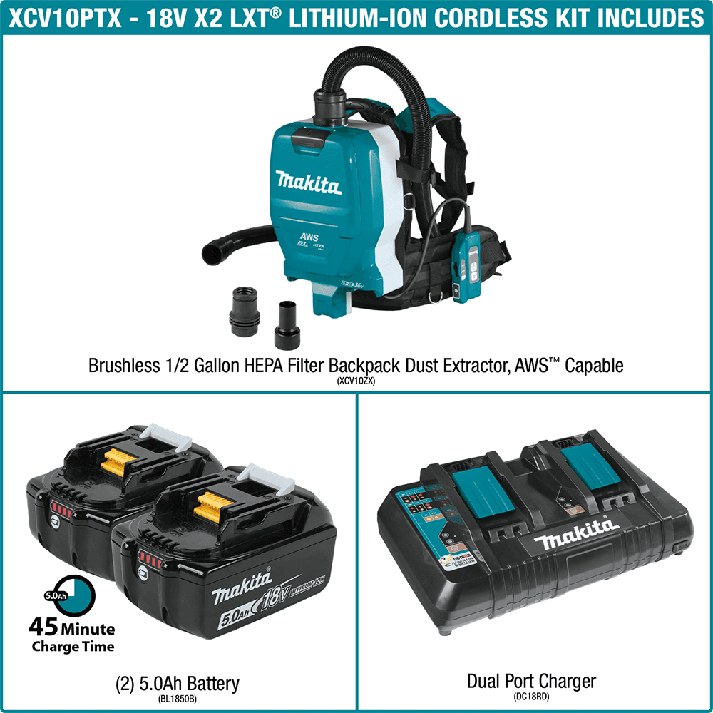 36V LXT Brushless 1/2 Gallon HEPA Filter Backpack Dry Dust Extractor Kit with AWS Capable (5.0Ah) Alt 5 - Image
