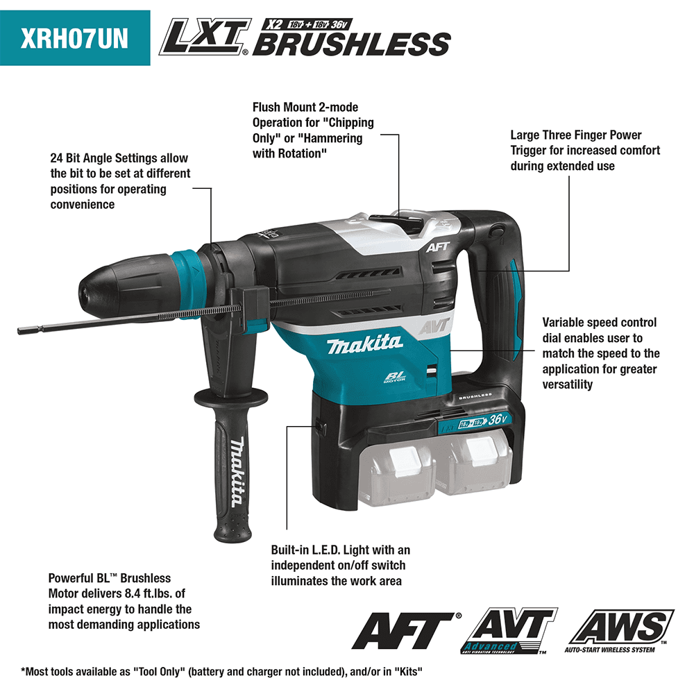 36V LXT Brushless 1-9/16" SDS-MAX Advanced AVT Rotary Hammer Kit with AFT/AWS (5.0Ah) Alt 2 - Image