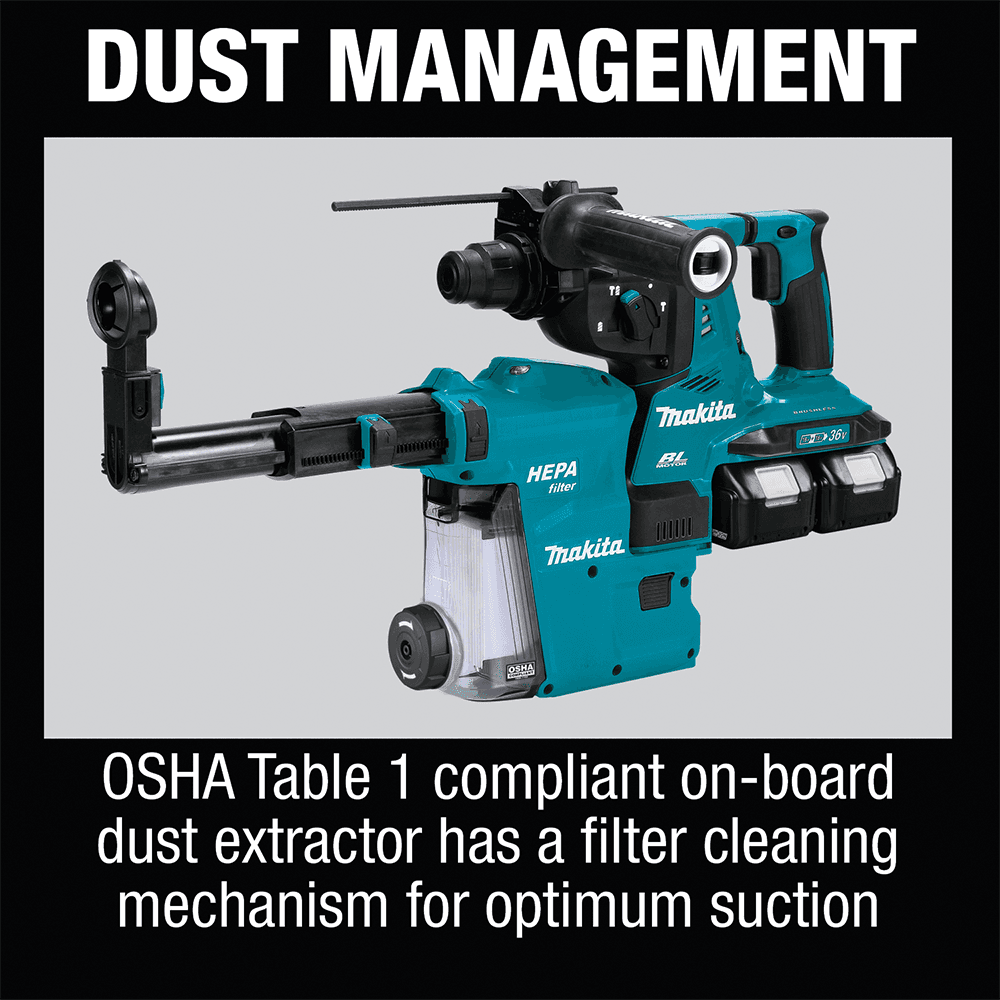 36V LXT Brushless 1-1/8" SDS-PLUS AVT Rotary Hammer Kit with HEPA Dust Extractor/AFT/AWS Capable (5.0Ah) Alt 3 - Image