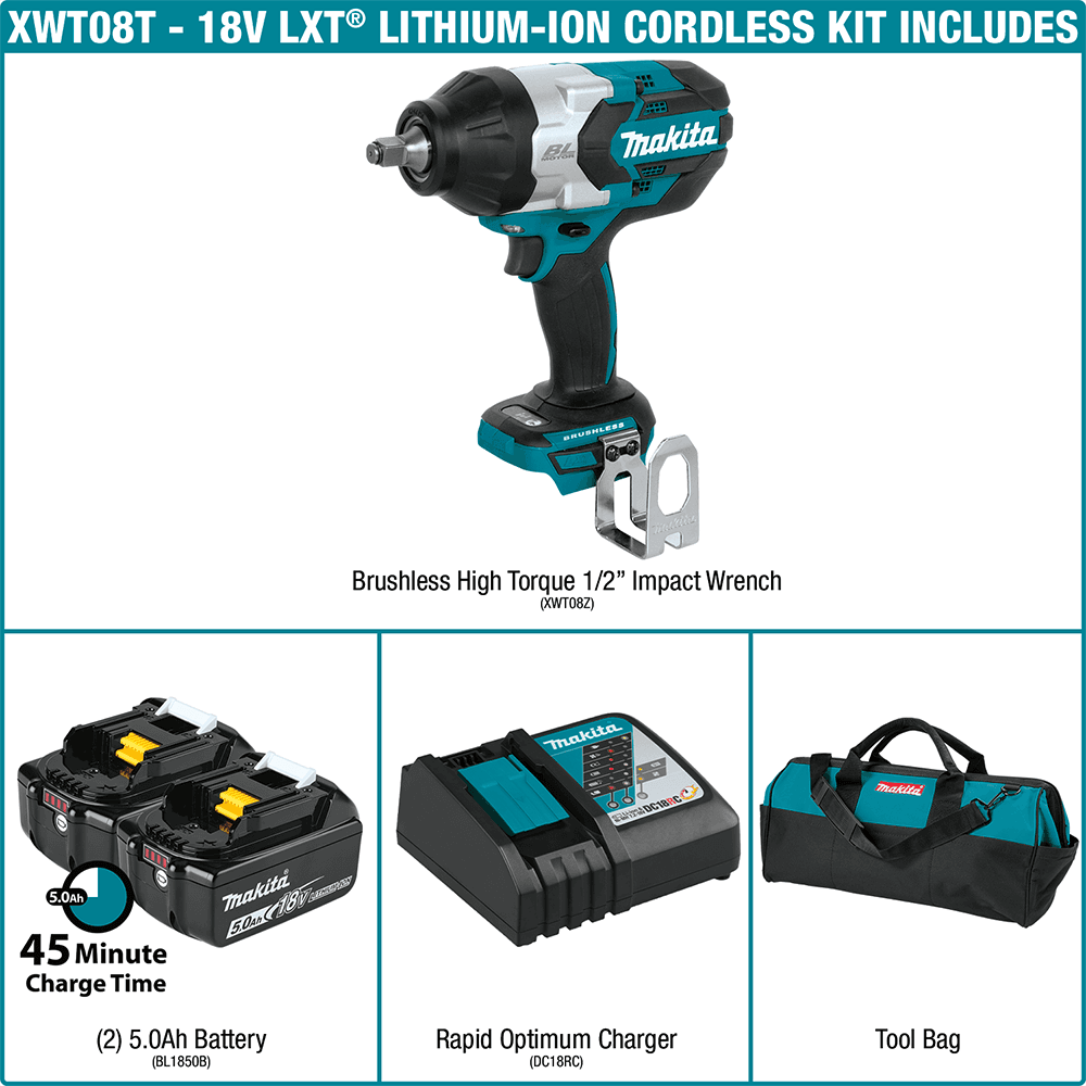 18 V LXT Lithium-Ion Brushless Cordless High-Torque 1/2" Square Drive Impact Wrench Kit with Friction Ring Anvil (5.0Ah) Alt 13 - Image