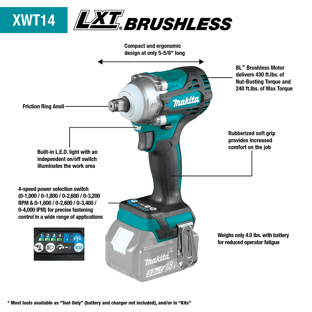 18V LXT Lithium-Ion Brushless Cordless 4-Speed 1/2" Square Drive Impact Wrench Kit with Friction Ring Anvil (5.0 Ah) Alt 2 - Image