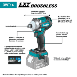 18V LXT Lithium-Ion Brushless Cordless 4-Speed 1/2" Square Drive Impact Wrench Kit with Friction Ring Anvil (5.0 Ah) Alt 2 - Image