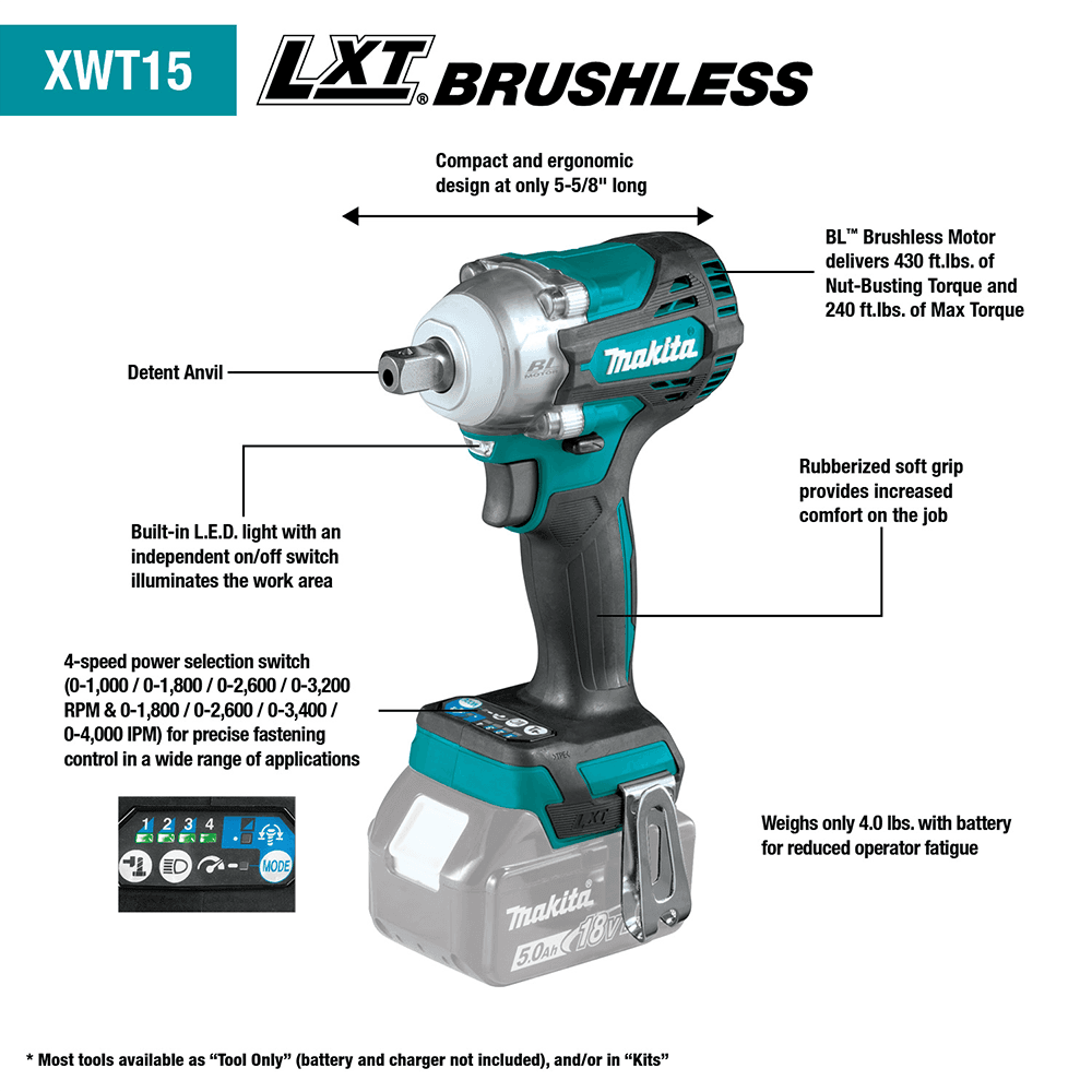 18V LXT Lithium-Ion Brushless Cordless 4-Speed 1/2" Square Drive Impact Wrench Kit with Detent Anvil (5.0 Ah) Alt 2 - Image