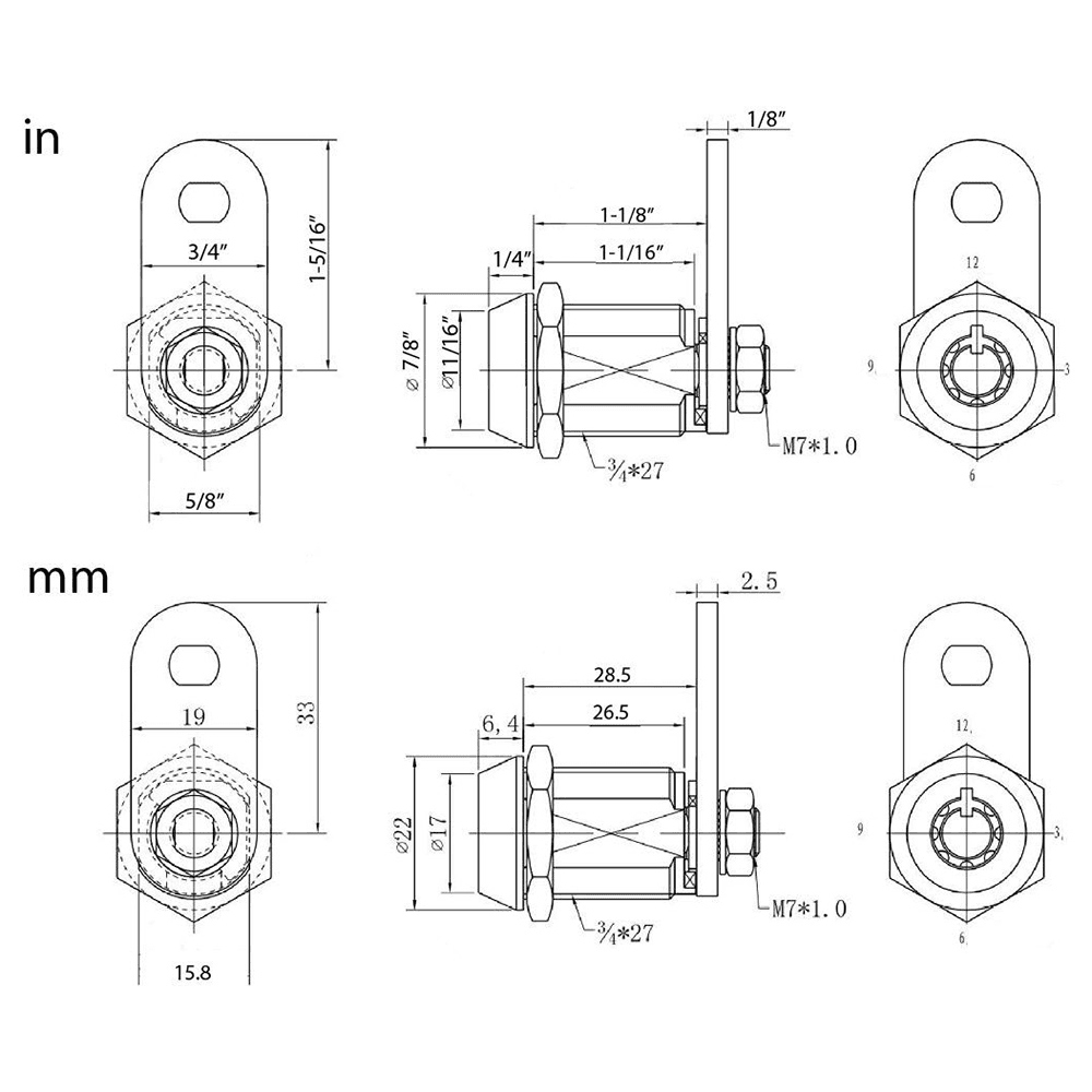 2400AS 7 Pin Tubular Cam Lock, Black, Keyed Different Alt 1 - Image