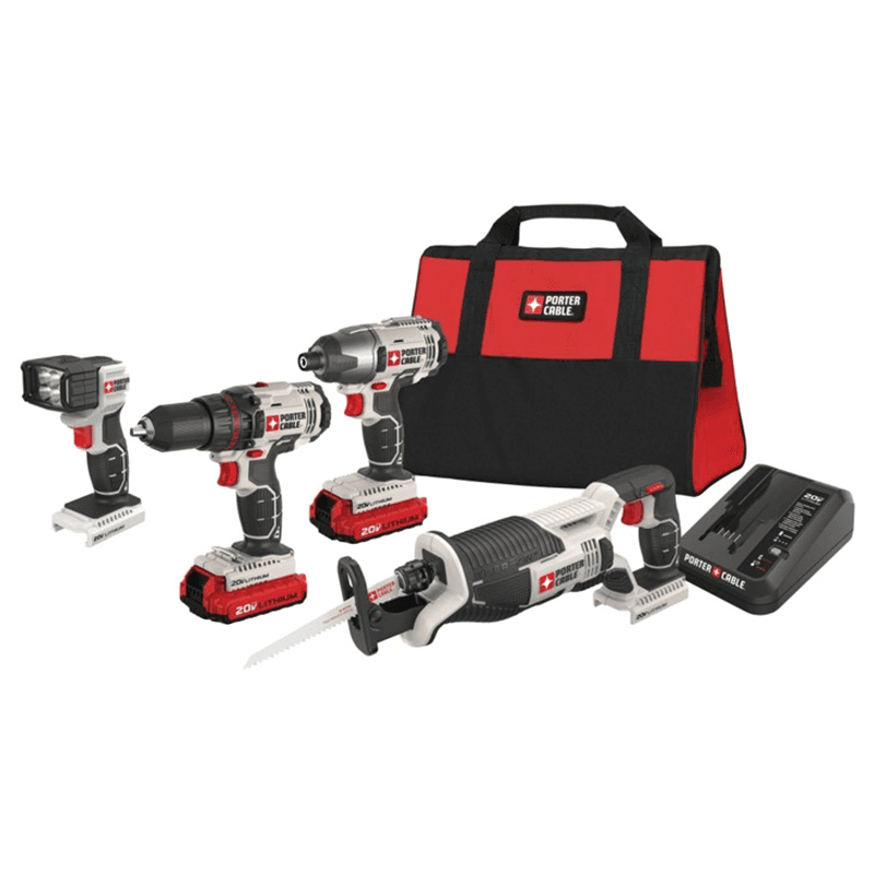 Porter Cable 20V MAX Lithium-Ion Cordless 4-Tool Combo Kit - Compact Impact Driver with built-in LED light