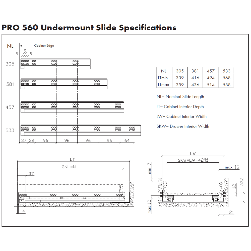 18" PRO560 Undermount Drawer Slide Specifications