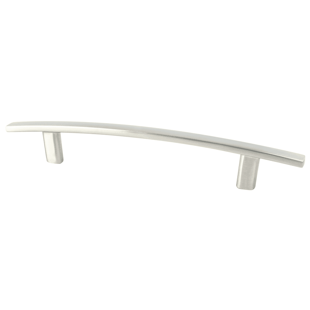 128mm Transitions 2.0 Bow Pull in Satin Nickel finish on cabinet doors