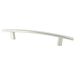 128mm Transitions 2.0 Bow Pull in Satin Nickel finish on cabinet doors