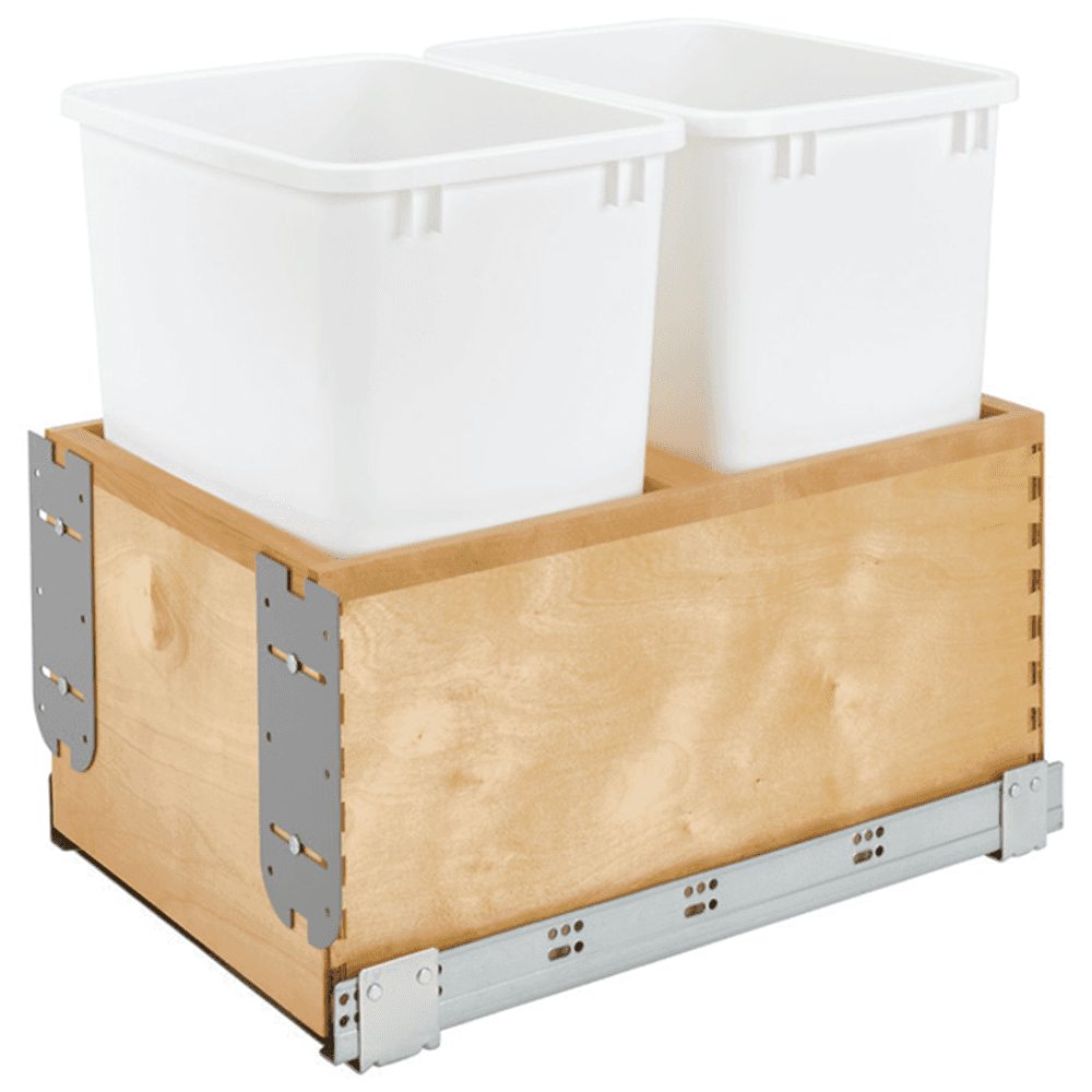 Double 50 QT Bottom-Mount Waste Container Pullout with Soft-Closing/Wood Carriage, White - Main Image
