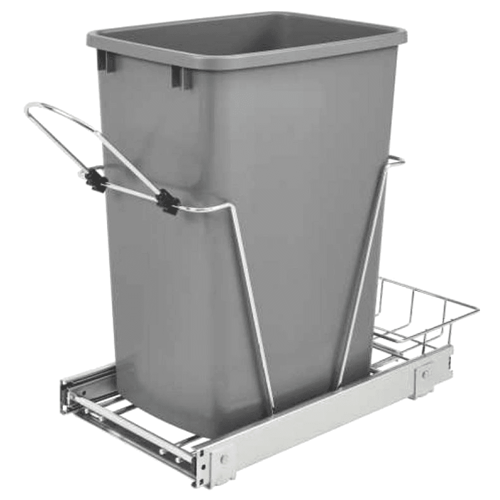 Single 35 QT Bottom-Mount Waste Container Pullout with Rear Basket, Chrome/Metallic Silver - Main Image