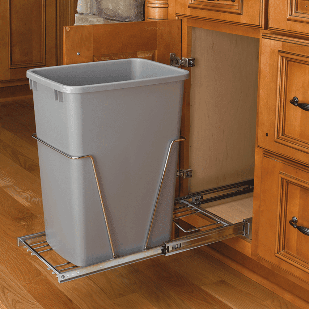 Single 35 QT Bottom-Mount Waste Container Pullout with Rear Basket, Chrome/Metallic Silver - Alt Image 1