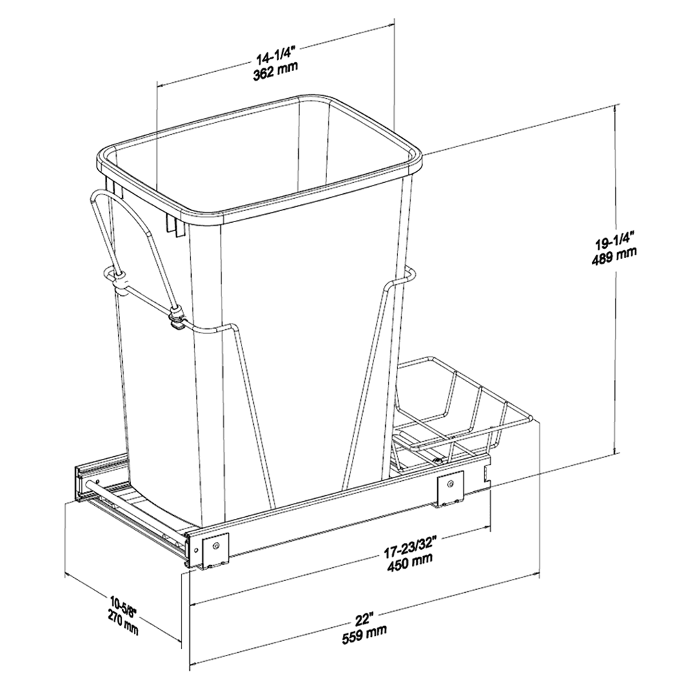 Single 35 QT Bottom-Mount Waste Container Pullout with Rear Basket, Black - Alt Image 3