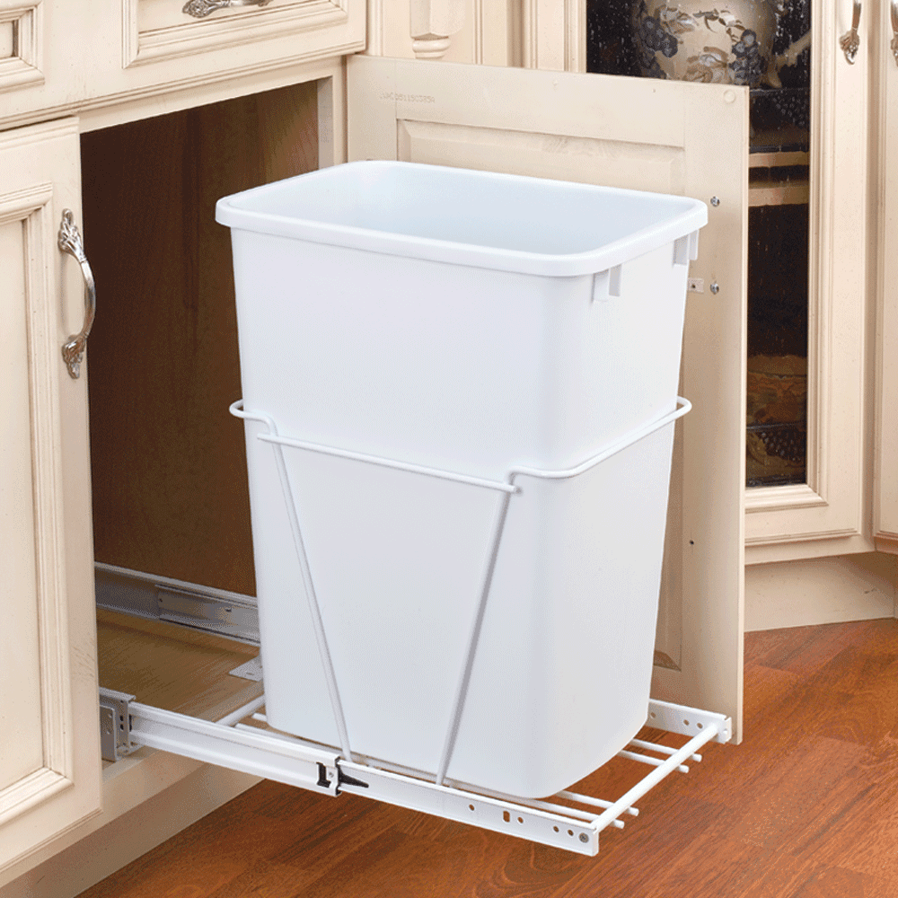 Single 50 QT Bottom-Mount Waste Container Pullout, 3/4 Extension, White - Alt Image 1