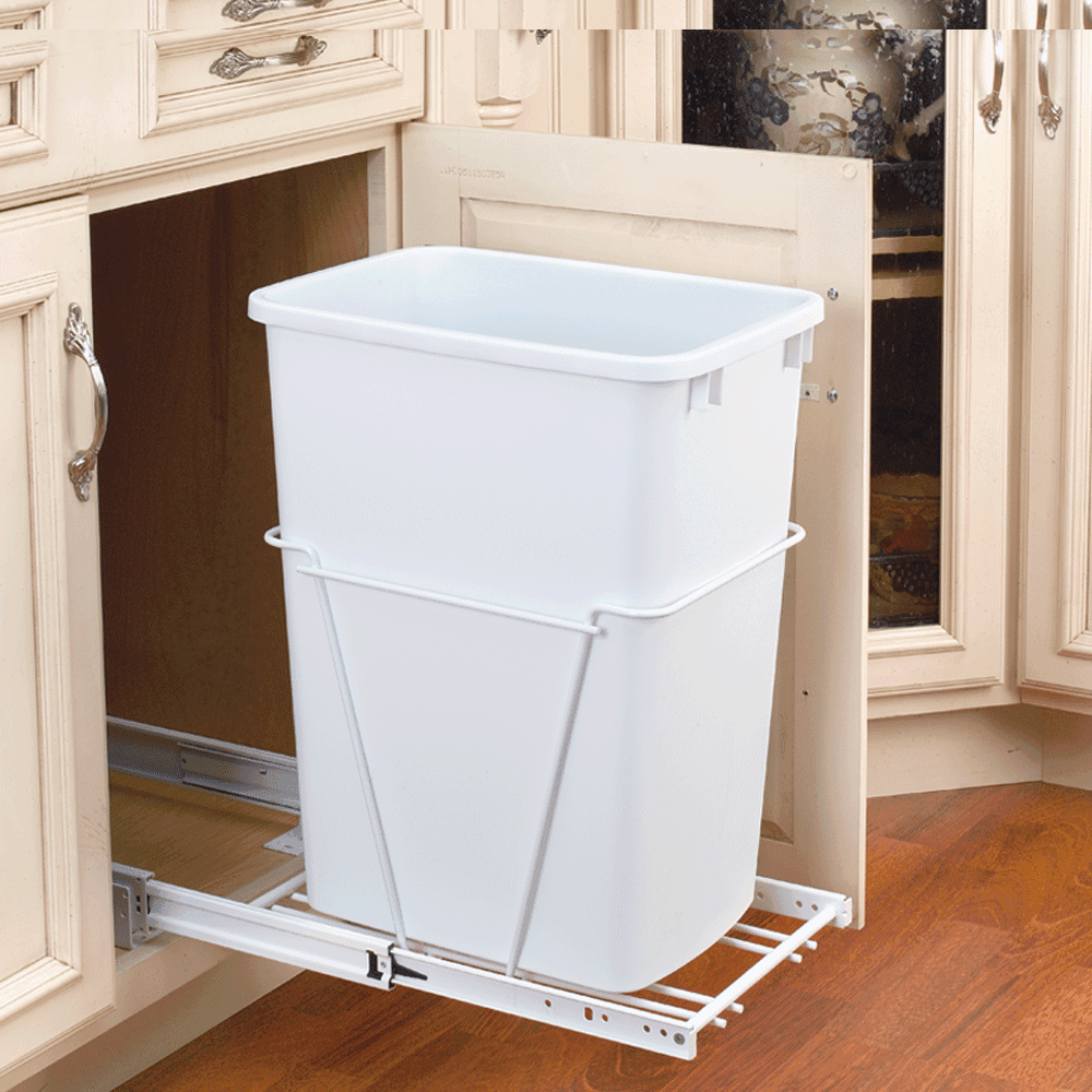 Single 35 QT Bottom-Mount Waste Container Pullout with Lid, White - Alt Image 1