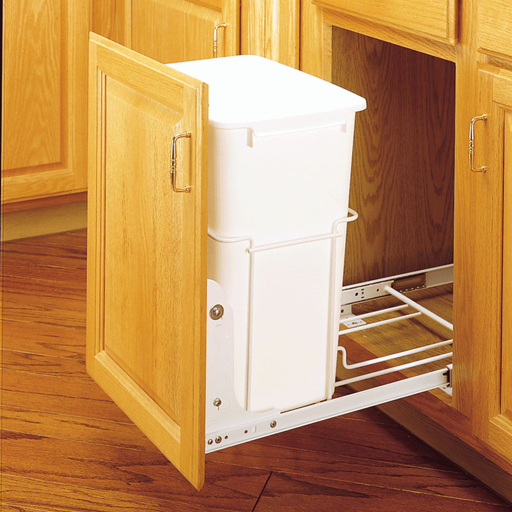Single 35 QT Bottom-Mount Wire Waste Container for 14-1/2" Cabinet Opening, White - Alt Image 1