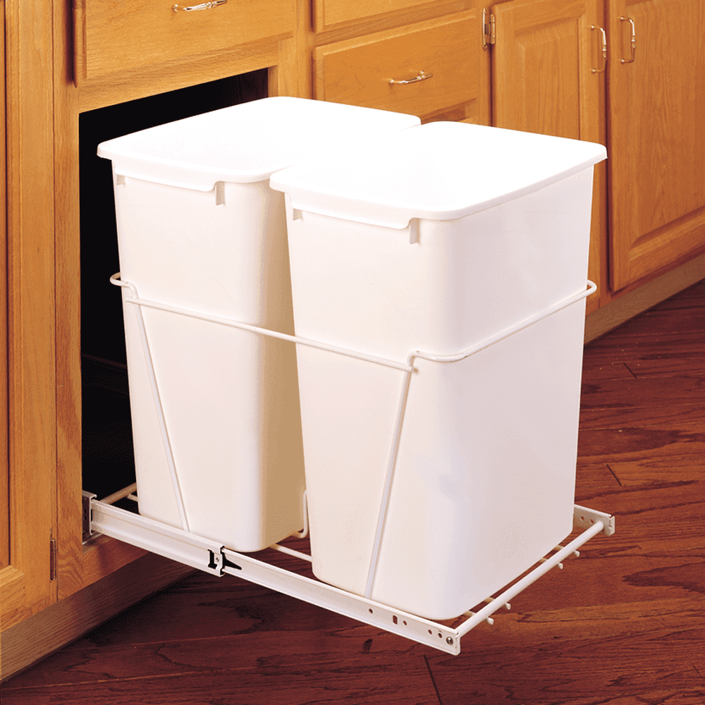 Double 35 QT Bottom-Mount Waste Container Pullout, Full-Extension for 14-1/2" Cabinet Opening, White - Alt Image 2