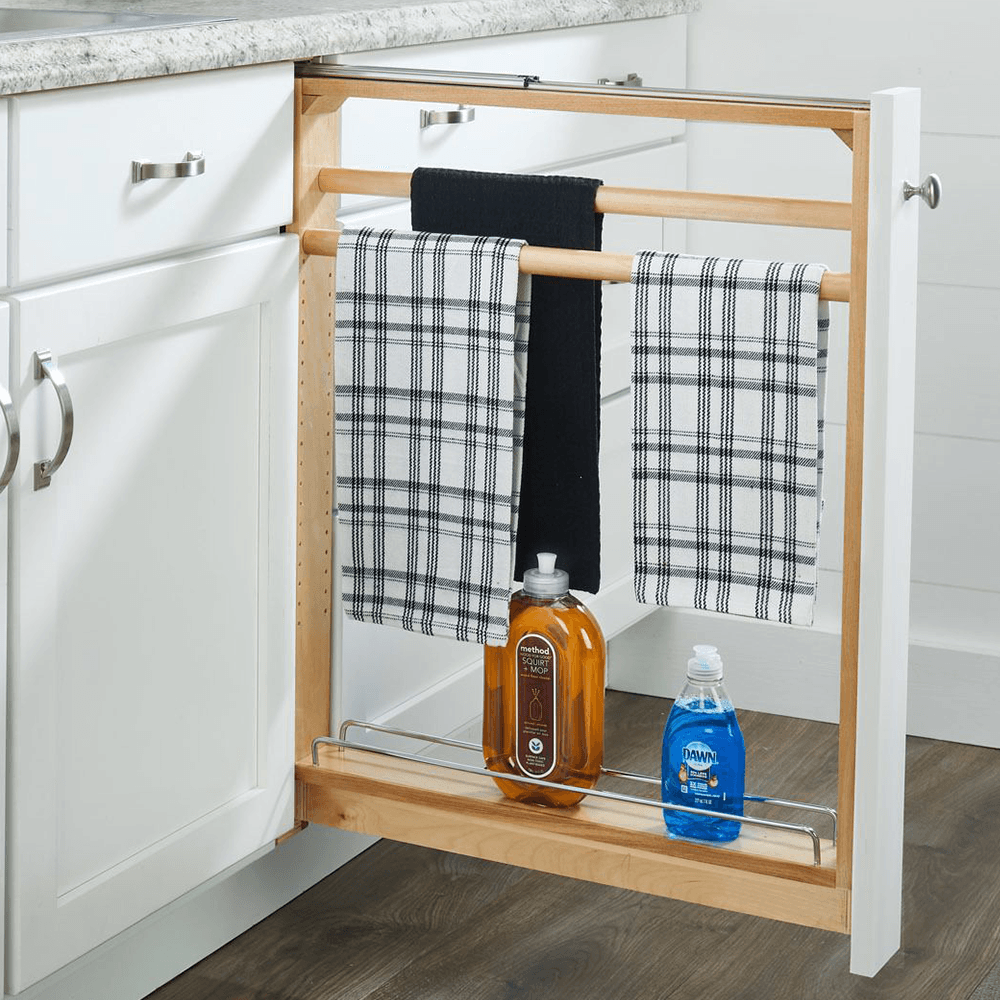 Rev-A-Shelf's natural maple filler with towel bar and chrome accents