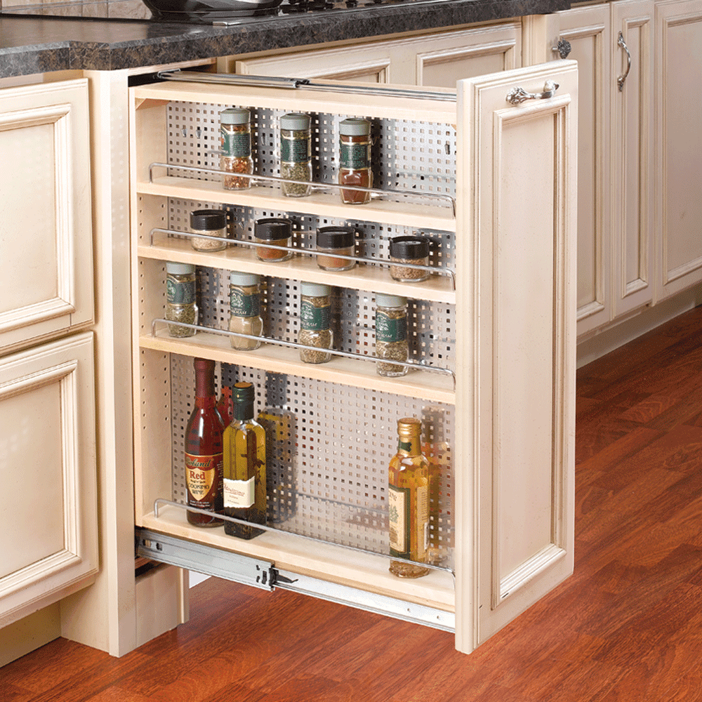 9" x 30" Filler Pullout Organizer with Adjustable Shelves and Stainless Steel Panel, Wood - Alt Image 3