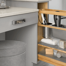 Rev-A-Shelf 445 Series Grooming Pullout Organizer with two shelves and two stainless steel bins